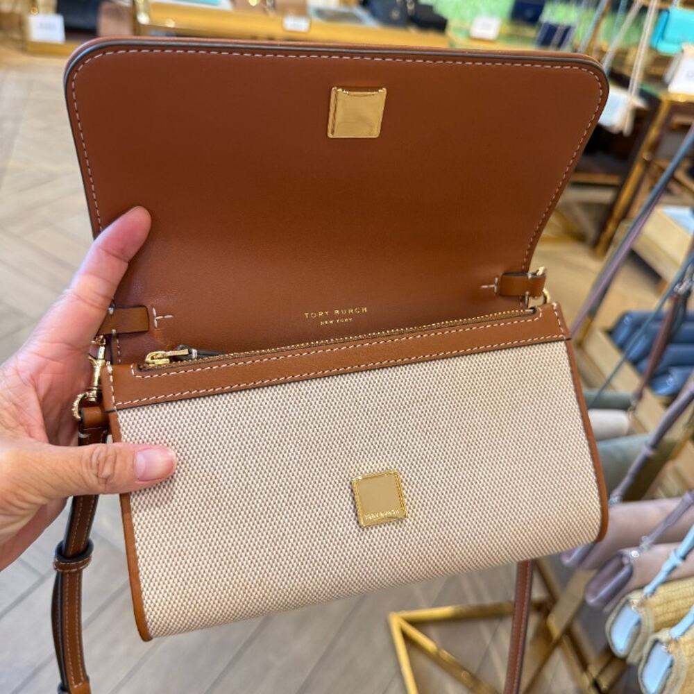 Tory Burch Thea Canvas Flat Wallet Crossbody 180150 Canvas / Classic Cuoio $425 - Picture 4 of 7